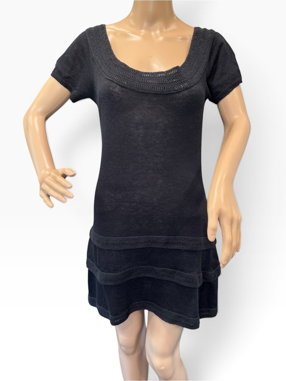 Theory Sweater Dress Sz M Black Scoop Neck Short Sleeve Knit Tiered Linen Cotton